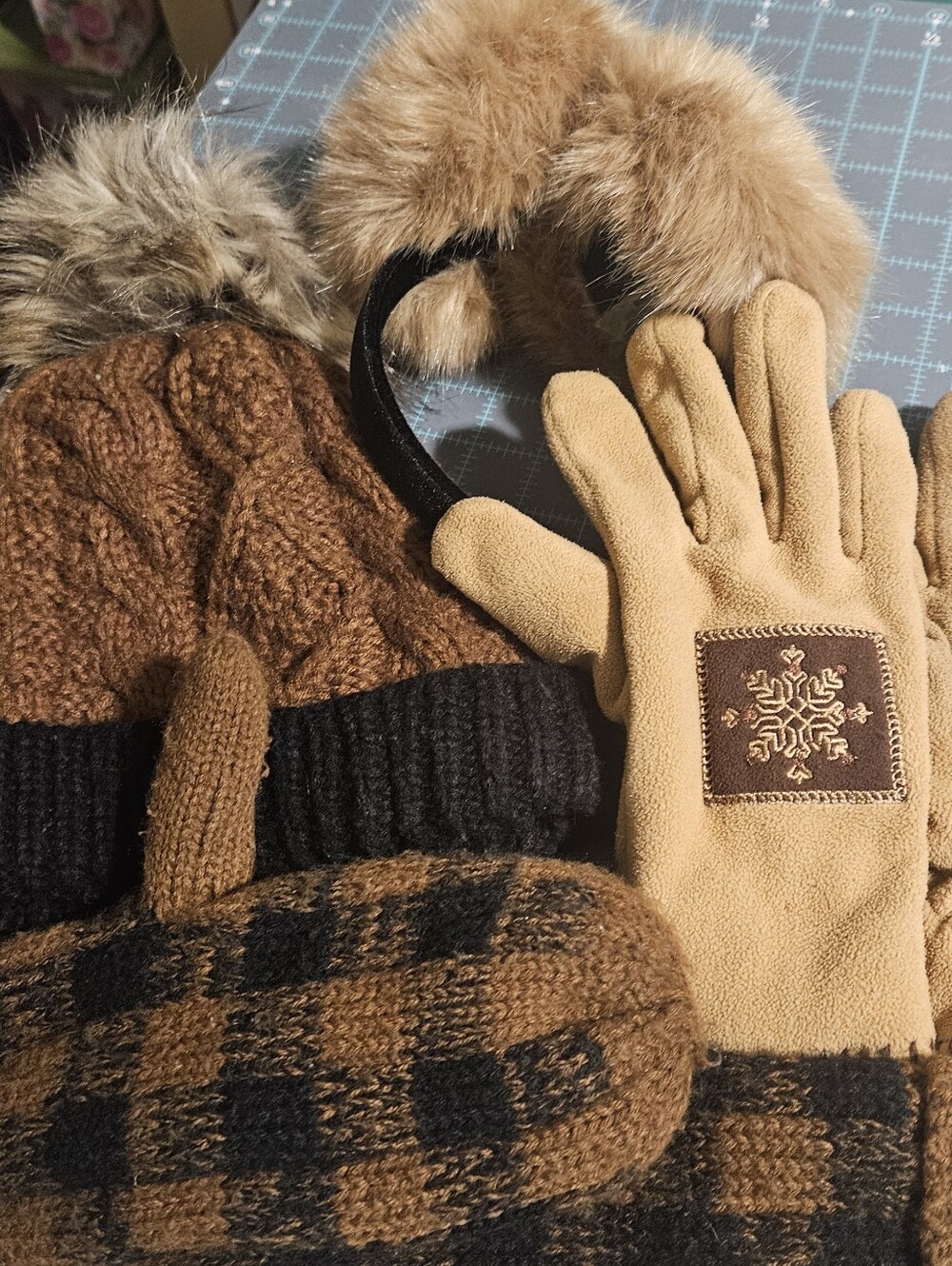 Women's Brown Winter Hat and Glove Set - Cozy Knit Beanie & Fleece Gloves